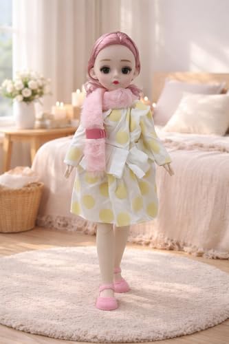 Image of Tickles Movable Joints Doll Beautiful Eyes Fashionable Dress with Stole for Kids Girls (Color: Yellow Size: 30 cm)