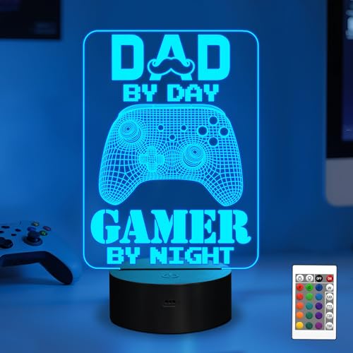 YuanDian Gamer Gifts for Dad, Dad by Day Gamer by Night Funny 3D Illusion Lamp 16 Colors Changing Touch & Remote Control, Desk Decor Gift for...