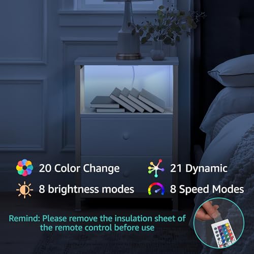 Image of BOLUO Nightstand with Charging Station, LED Night Stand with 2 Fabric Drawers, Bedside Table with USB Ports and Outlets, Nightstand for Bedroom Modern