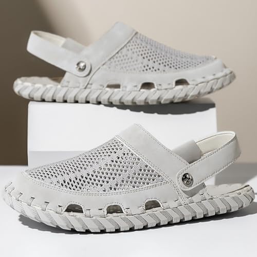 Zeberfi Men's Hollow Leather Mesh Closed Toe Flat Sandals Casual Outdoor Athletic Handmade Adjustable Slip On Beach Shoes Summer Breathable Comfort Walking Sports Hiking Sandals4