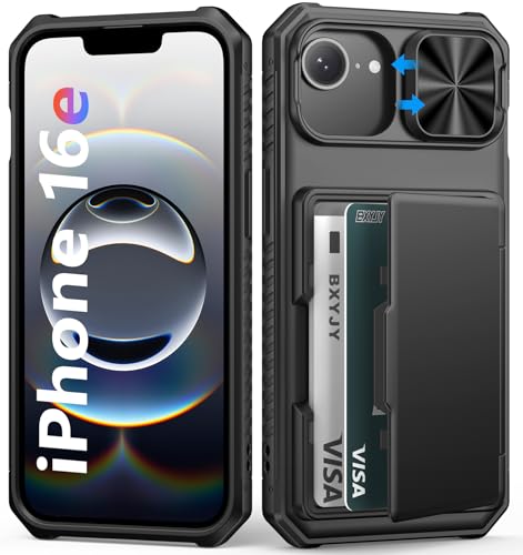 BXYJY for iPhone 17e/16e Case Wallet Built-in Card Holder (4-5 Cards) Slide Camera Cover Military Drop & RFID Protection Rugged Heavy Duty Men Women Protective Phone Case for iPhone 17e/16e Black
