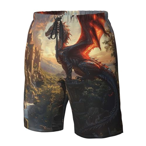 Men's Quick Dry Swim Shorts Dragon and Fantasy World Castle Landscape Ancient Beach Trunks with Pockets4