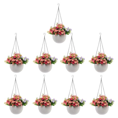 Image of Go Hooked Hanging Pots | White Plastic | Diameter 7.1 Inch | Height 4.8 Inch | Thickness 3 mm | Chain 13 Inch | 9 Pieces