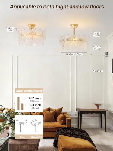 Image of 20 inch Gold Fandelier Ceiling Fans with Lights, Crystal Chandelier Ceiling Fans with Lights Remote Control, Mid Century French Caged Fandelier with 6 Speeds for Bedroom, Living Room