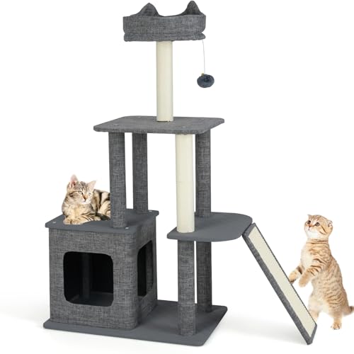GOPLUS Kratzbaum klein, 117 cm Katzenbaum mit Springplattformen, Katzenbett, Kratzsäulen, Ball & Höhle, mehrstockiger Katzenkratzbaum, Aktivitätszentrum für Katzen, Grau