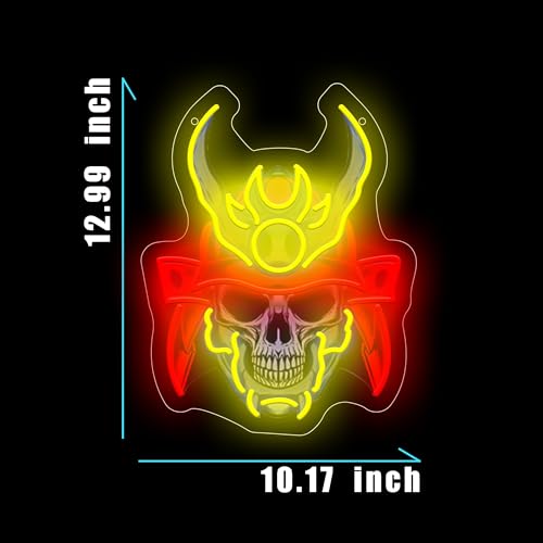 Image of Sumurai skull Neon Sign For Wall Decor, Colorful UV Printed Neon Light with Retro Design, LED Artwork for Bar, Bedroom, Game Room, Party Decoration Holiday Birthday Gifts