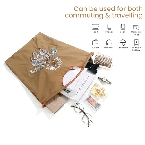 Image of Ball&Chain Embroidery Initial Nylon Tote Bag,Personalized Present Suitable for Travel,Beach,is a Great Gift Women, Mom (Khaki, Large)