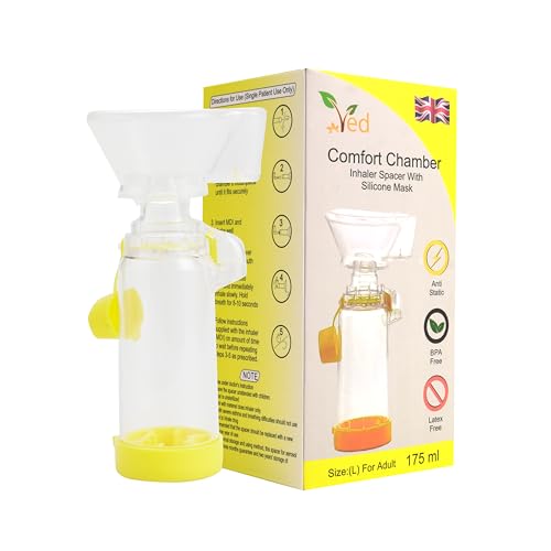 Dispositivo espaciador antiestático Inhaler Spacer, cámara de inhalador, uso con inhalador de dosis medida, sin BPA ni látex para adultos. (Amarillo)