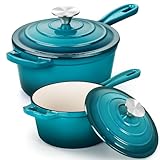 E-far Conjunto de panela de molho com tampa, conjuntos de panelas de ferro fundido esmaltado de 1 litro e 2 litros para cozinhar na cozinha, panelas de forno holandesas pequenas e resistentes e tampas