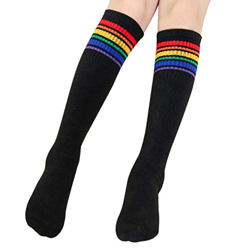 Cocohot Hohe Kniestrümpfe, Kinder-Regenbogen-Streifensocken über den Kniestrümpfen, Sportsocken Studenten lange Socken (Schwarz, M) Cover