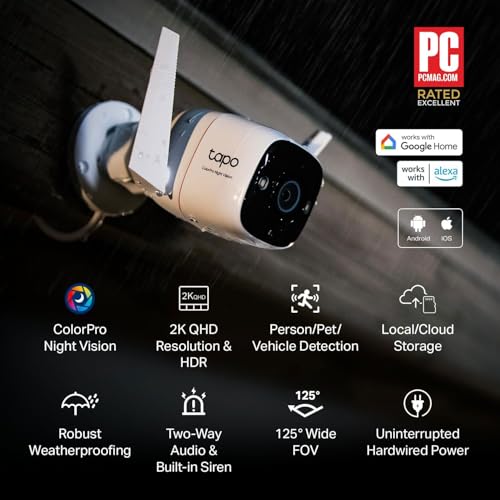 Cameras Tapo ColorPro Wi-Fi Outdoor Camera, PoE, Plug-in, Daylight Clarity at Night, 2K QHD, Person/Pet/Vehicle Detection, Local/Cloud Storage, 127° FOV, Built-in Siren C325WB SmartThings Compatible Cameras Tapo ColorPro Wi-Fi Outdoor Camera, PoE, Plug-in, Daylight Clarity at Night, 2K QHD, Person/Pet/Vehicle Detection, Local/Cloud Storage, 127° FOV, Built-in Siren C325WB SmartThings Compatible