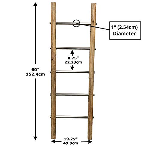 Towel Ladder for Bathroom in Modern Farmhouse Style | Handcrafted 5 ft Wooden Ladder with Stainless Steel Metal Rungs | Use as Blanket Rack - Quilt Ladder - Decorative Leaning Ladder