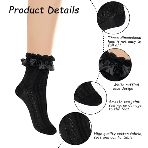 Giantree 3 Pairs Women Frilly Lace Ankle Ruffle Socks, Soft Comfortable Cotton Cute Princess Lolita Socks (Black)3