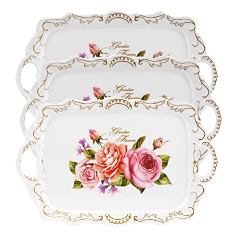 Nicunom 3 Pack Serving Trays with Handles, Melamine Stackable Serving Platter BPA-Free Rectangle Food Tray Set with Flower Pattern for Home, Parties and Restaurants, Safe for Dishwashe Cover