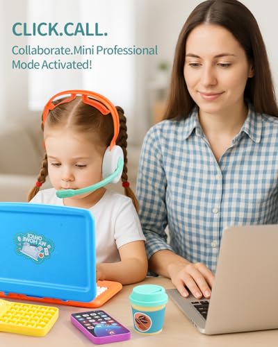 Pretend Play Home Office Set-Toy Kids Laptop,2 Cell Phones,LCD Writing Tablet,Pop Fidget Calculator,Headset & Beverage Cup for Toddlers(Ages 3+)-Work Simulation Play