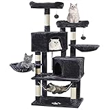 MQ Cat Tree Cat Tower 57in Multi-Level Cat Scratching Post with Condos, Basket, Hammock & Plush Perches for Kittens, Large Cats, Smoky Gray