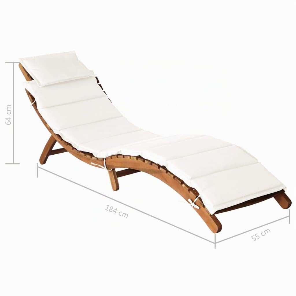 Tidyard Lettino Prendisole Pieghevole in Legno Massello d'Acacia con Cuscini Crema,Sdraio da Giardino Pieghevole in legno,Lettino da Giardino Pieghevole,Lettino da Sole Pieghevole 184x55x64 cm