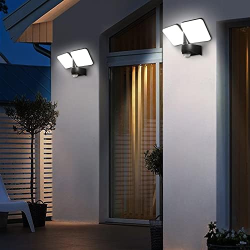Adjustable Twin Head LED Wall Light with Motion Sensor, 20W IP54 PIR Infrared Outdoor Dual Security Light, 1800LM 4000K Daylight White, Ideal for Garden Garage Deck Porch Driveway (Non-Solar Panel)