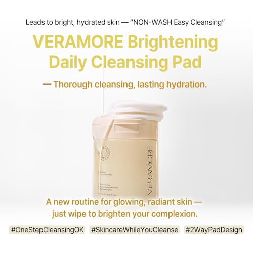 Veramore Rice & Vitamin Glow Cleansing Pads – Dual-Sided Brightening & Hydrating Toner Pads with Mushroom Extract & Hyaluronic Acid, Niacinamide | Gentle Exfoliating K-Beauty, 70 Count (5.07 fl oz)