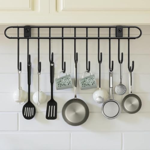 Image of Self Adhesive Kitchen Hook Rack | No Drill Wall Mounted Utensil Hanger with 11 Hooks | Heavy Duty Carbon Steel Kitchen Rail for Pots, Pans & Tools | Space Saving (Black)