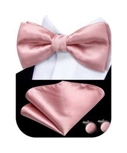 Image of Hi-Tie Pretied Bow Ties for Men Wedding Formal Bow Tie Handkerchief Cufflinks Lapel Pin Set Party Formal Mens Bowtie Set, Pink Solid, Medium