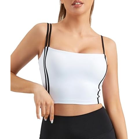 Move With You Womens Padded Sports Bra Spaghetti Strap Tank Tops Longline Workout Bulit in Bra Tank(White,S) Cover