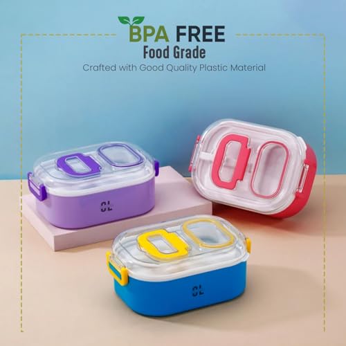 Image of Plastic Lunch Box for Office & Kids | Leak Proof Compartment Lunch Container with Spoon & Fork | Lock Mechanism Microwave Safe Tiffin Box for School Boys Girls Men Women