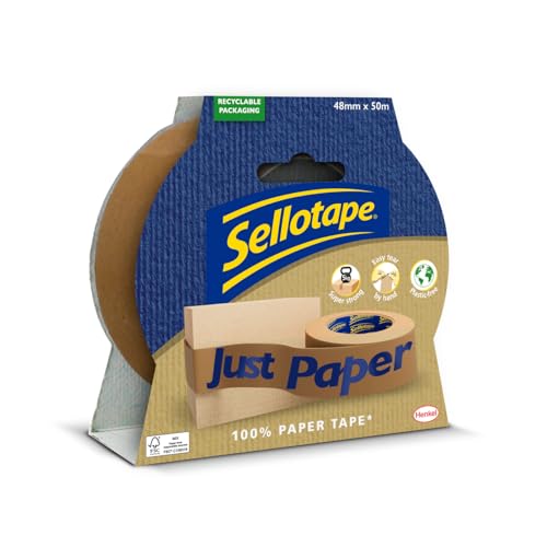 Sellotape Paper Tape - Plastic Free Tape, Tearable for Easy Use, 100% Paper* Parcel Tape for Gift Wrapping and Crafts, Brown, 48mm x 50m