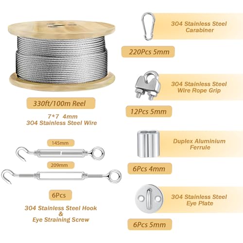 Stainless Steel Batting Cage Netting Wire Tension Kit, Batting Cage Suspension Kits, Durable Heavy Duty Net Hanging Kits, DIY Cable Kit for Baseball & Softball Hitting Tunnels (70ft)
