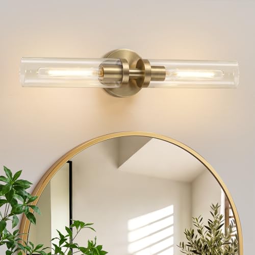 Image of Indoi Brass Wall Sconces, Hardwired Bathroom Sconces Wall Lighting with Clear Glass, Modern Bathroom Vanity Lights fixtures for Mirror Bedroom Living Room Hallway Kitchen