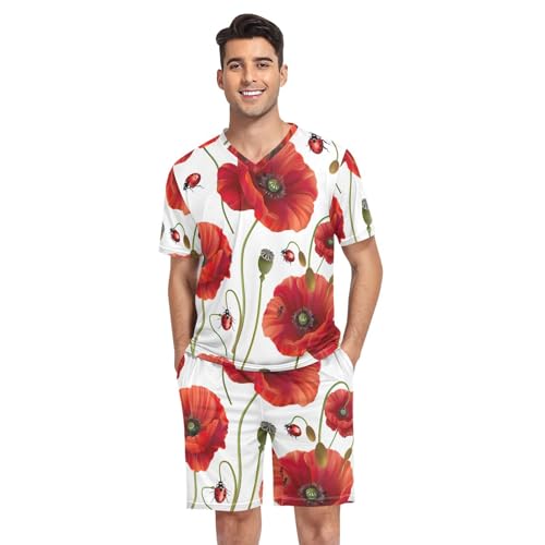 Ensemble de pyjama pour homme court : vêtements de détente d'été coquelicot rouge