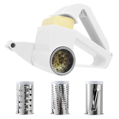 Culinary Chef Gift - Rotary Grater - Handheld with Handle for Olives, Nut, Hard Cheese, Chocolate, Vegetable (White)