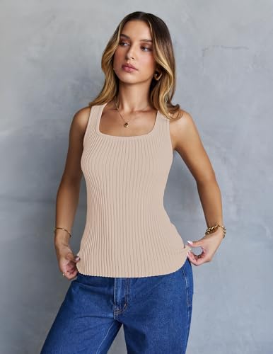 Best Rib Knit Tank Tops for Women Over 50: Tanks That Actually Fit Right and Make You Feel Amazing 3 MEROKEETY Women's Ribbed Knit Tank Tops 2026 Square Neck Sleeveless Summer Basic Shirts Sweater Vest, Smalland, Large Sand
