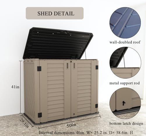 Image of KINYING Outdoor Storage Shed - Horizontal Storage Cabinet Waterproof for Garden, Patio, Backyard, Storage Box for Easy Storage of Garbage Cans, Tools, Lawn Mower, 26 Cubic Feet,Dark Brown