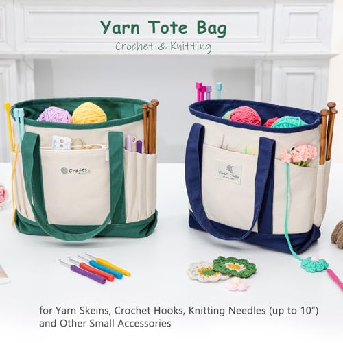 Image of MYBAGZING Canvas Yarn Storage Organizer Bag Washable Crochet Bag with Pockets for Yarn, Hooks, Needles - Travel Knitting Tote for Crafters - Gift for Crocheters & Knitters (Medium /Large)