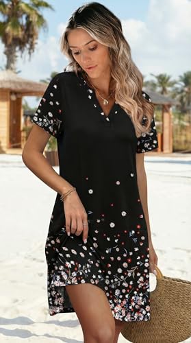 Image of WIHOLL Summer Dresses for Women Casual V Neck Wedding Guest Dress Hawaiian Midi Dress Fashion Beach Vacation Clothes