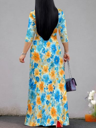 Image of Women's V Neck Floral Maxi Dress 3 /4 Sleeve Plus Size Boho Wrap Flowy Long Dresses with Belt