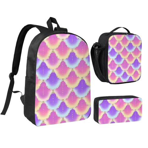 Backpack Set - With Lunch Bag & Pencil Case Supplies For Men Women (for Colorful Purple Pink Mermaid Scale)
