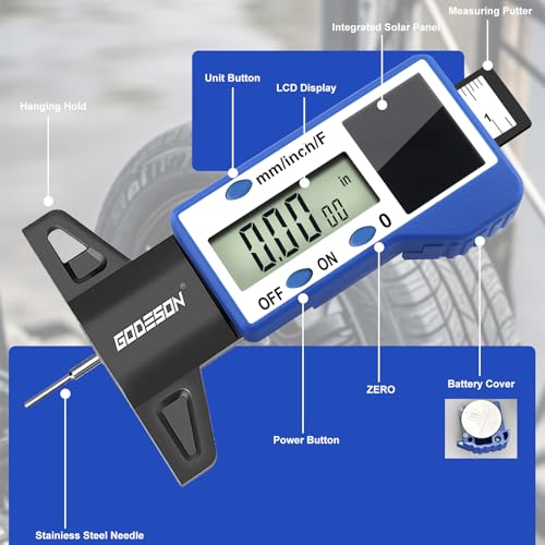 Image of GODESON Digital Tire Tread Depth Gauge - 3 Modes-Fraction /Inch /MM Display, Solar & Battery Hybrid,1 inch (25.4mm /32NDS) Range, Blue Tire Wear Measure Tool for All Vehicles (Car, Truck, SUV)