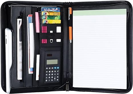 KUSCOR Zippered Padfolio with Calculator, Black PU Leather Portfolio Organizer, Professional Interview Resume Business for Men Women, Interior 10.1 Inch Table Sleeve