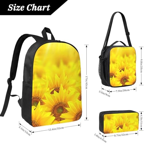 Yellow Sunflower print Shoulder Bookbags Lunch Bag and Pen Case 17 inches Backpack with Lunch Box, Cute Bookbag Set4