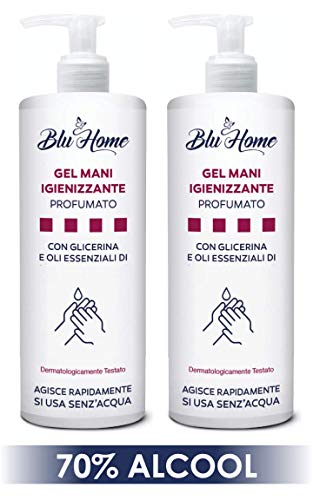 BLU HOME Gel Mani Igienizzante 70% ALCOOL Dispenser 500 ml con Oli Essenziali di Limone e Tea Tree e con Glicerina Naturale (2 pezzi)