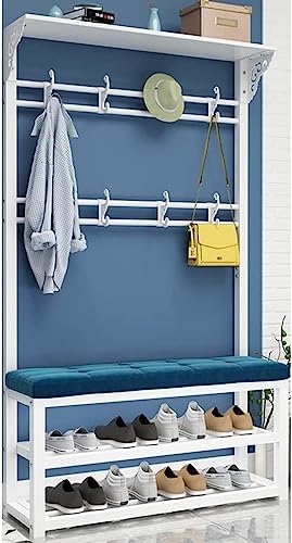 GXXINGIN Exquisito Perchero Industrial para Ropa, Perchero para Zapatos, Estante de Almacenamiento para Entrada con Zapatero y 6 Ganchos para Dormitorio, Resistente y de fácil Montaje (Blanco + negr