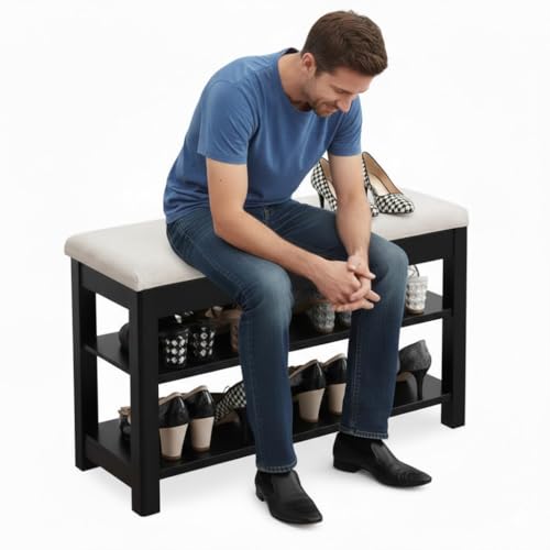 Image of Premium Sheesham Wood Shoe Rack with Upholstered Bench - 2-Tier Solid Wood Entryway Shoe Organizer - Durable Hallway Storage Bench for Living Room & Bedroom (Black, 24inch)