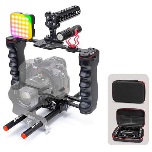 Image of Zeadio Camera Video Rig Cage, Aluminum Filmmaking Movie Making Kit with Top Handle, Arca Type Base, 15mm Rod Guide, RGB Light&Microphone, Compatible with All DSLR Camera and Camcorder