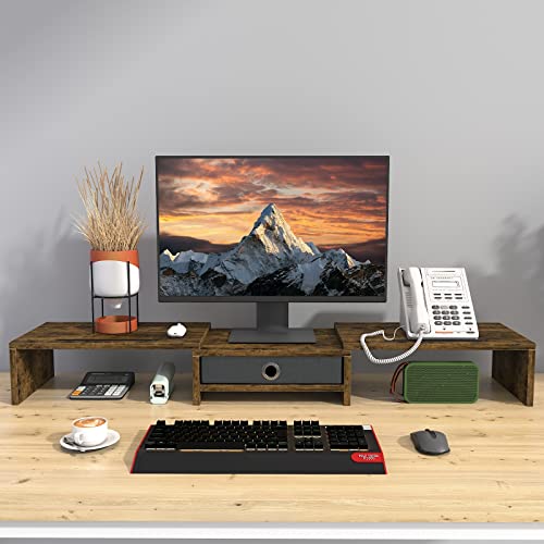 Image of WESTREE Dual Monitor Stand Riser with Drawer, 3 Shelf Computer Monitor Riser with Adjustable Length and Angle, Desktop Monitor Stand Riser Storage Organizer for 2 Monitors