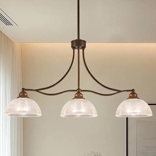 Image of 3-Light Oil Rubbed Bronze Pendant Light for Kitchen Island Antique Dome Hanging Light Fixture Brushed Bronze Dinner Room Light with Crystal Glass Adjustable Pendant Lamp for Bedroom Hallway Entryway