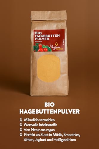 ALLGÄUER ÖLMÜHLE - Bio Hagebuttenpulver | Hagebuttenpulver aus kontrolliert biologischem Anbau. Hagebutten Pulver ideal für Smoothies, Shakes, Müsli oder Saft. Vegan | 500g