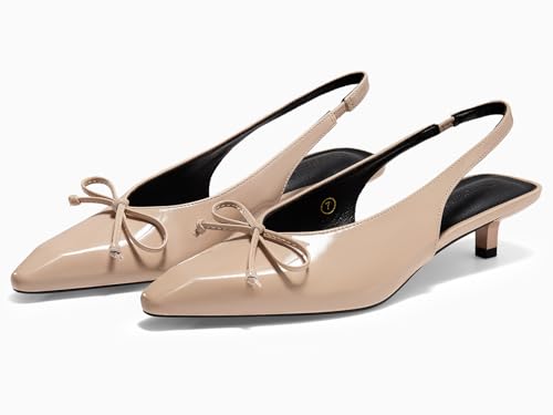 Image of Coutgo Womens Slingback Kitten Low Heels Dress Shoes Closed Pointed Toe Bow Tie Slip on Office Work Pumps