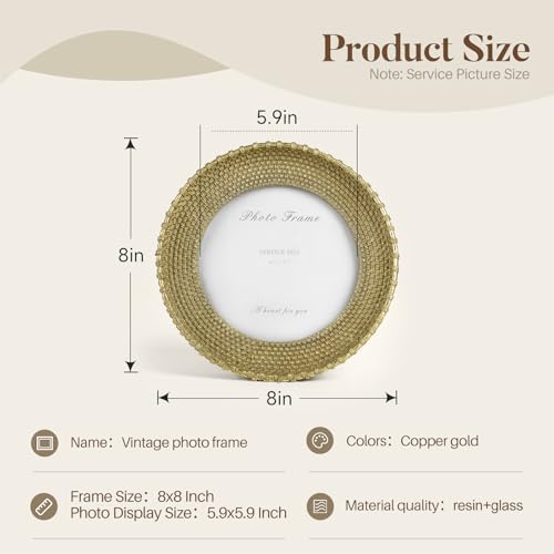 Vintage Gold Picture Frame 6x6, Gold Rattan Textured Hand-Crafted Resin Photo Frame with Glass Front, Antique Round Frame for Tabletop Display & Wall Display, Retro Design Home Decor